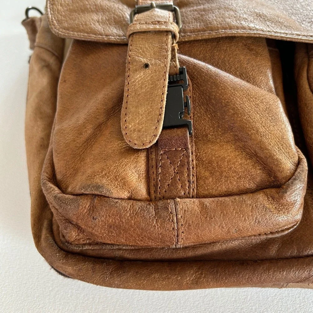 Unisex‎ Vintage Messenger Bag Tan Brown Distressed Leather Satchel Academic Boho